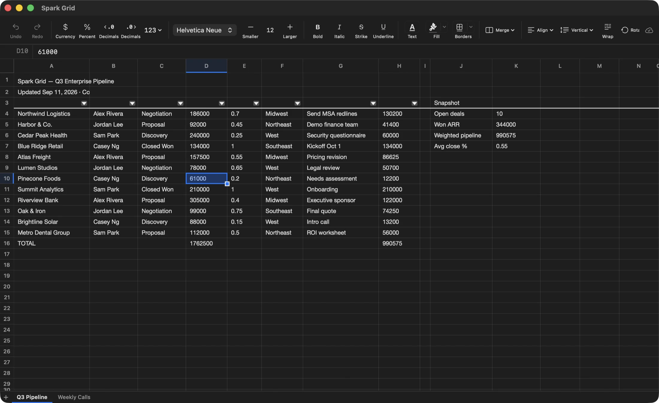 Spark Grid with a workbook open.
