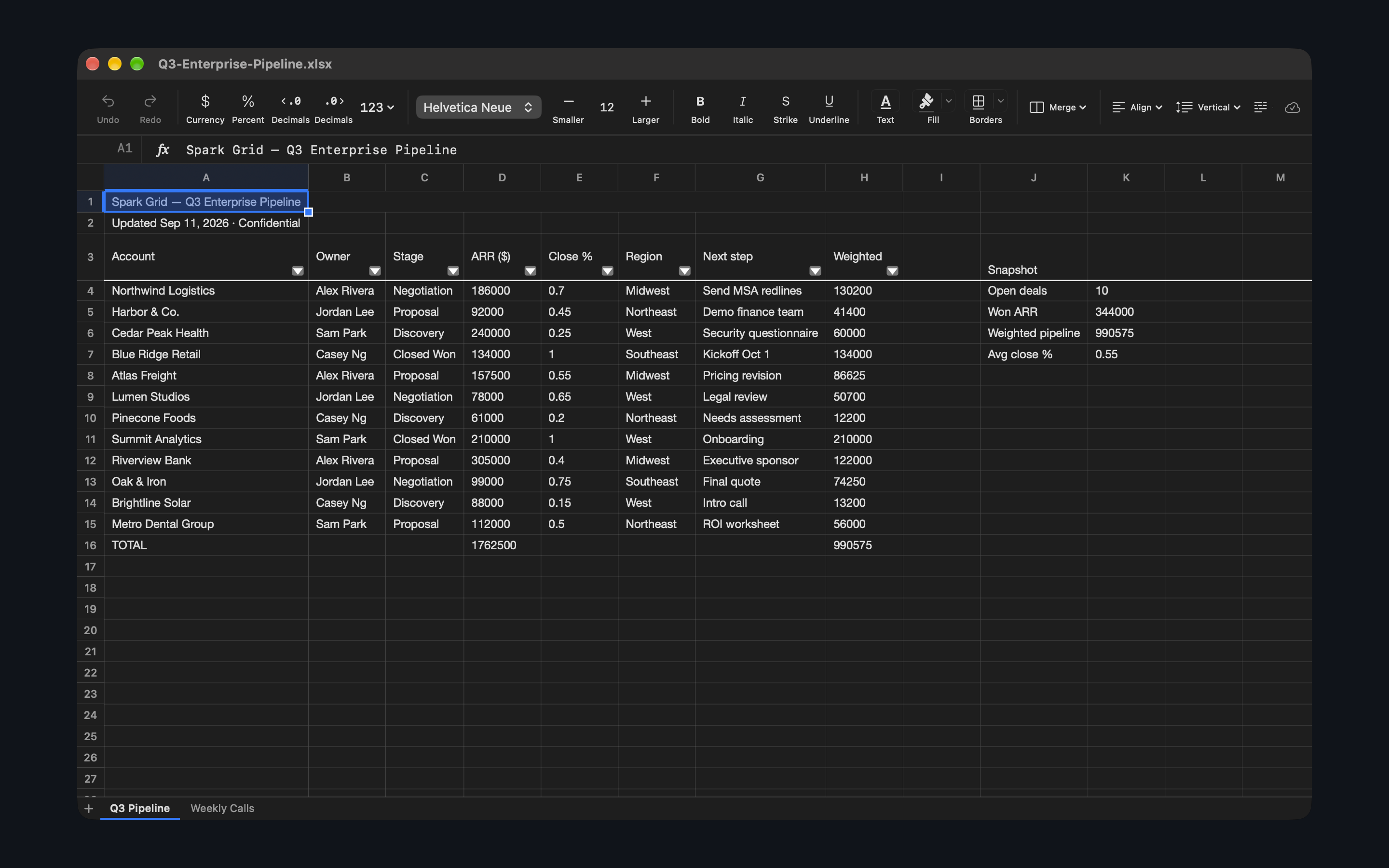 Spark Grid showing the Q3 Enterprise Pipeline workbook, with filters and a weighted total.