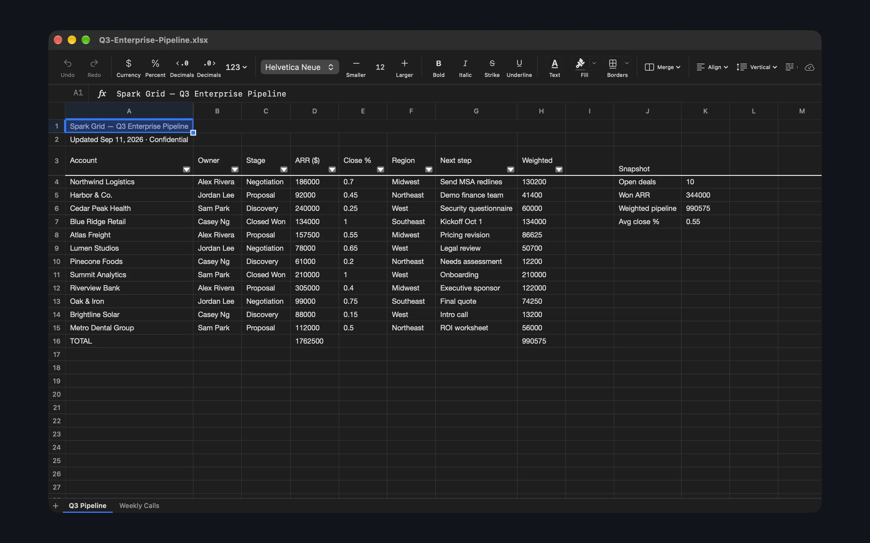 A sales pipeline workbook in Spark Grid.