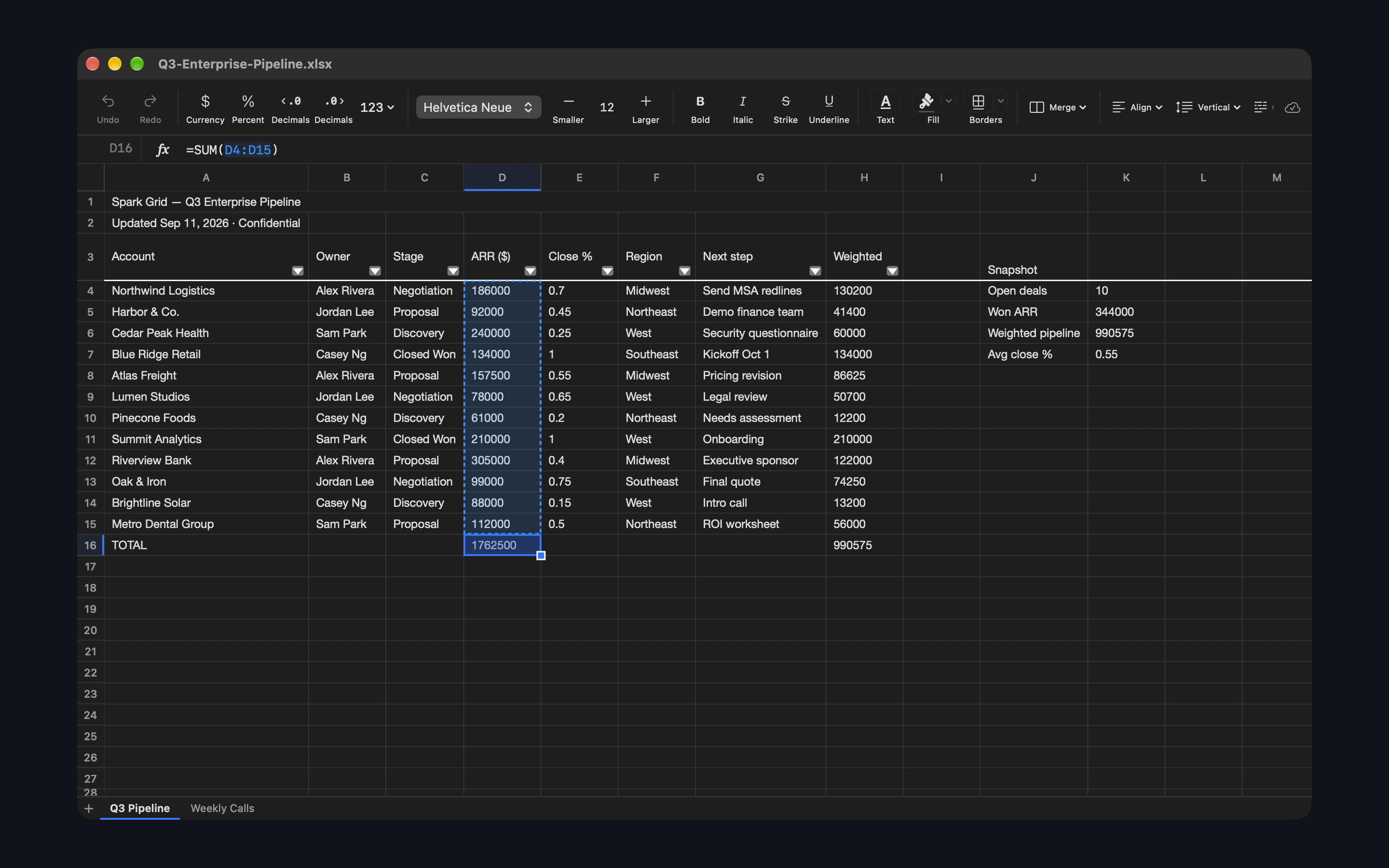 Spark Grid with SUM in the formula bar and the total shown in the cell.